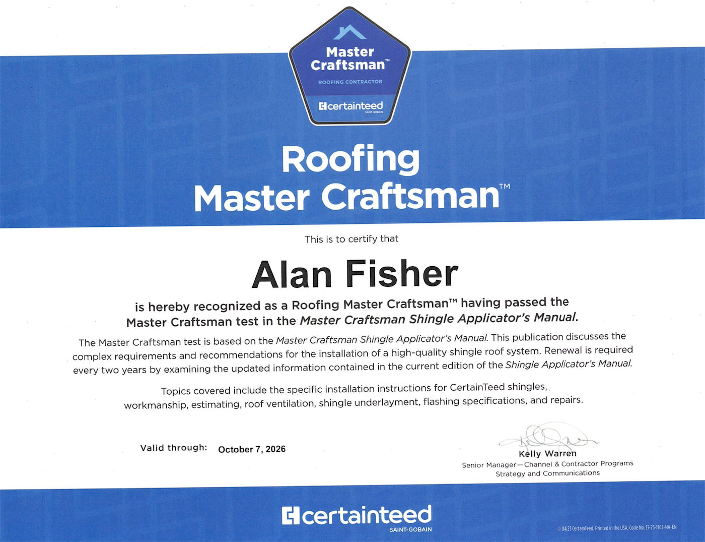 Alan Fisher - CertainTeed Master Shingle Applicator Certificate